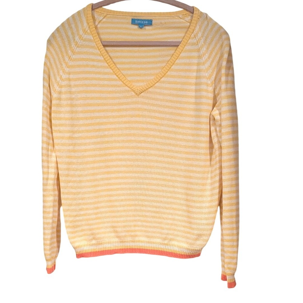 Burgess Women's Striped V-Neck Sweater Knit Top Yellow/White‎ Size L
